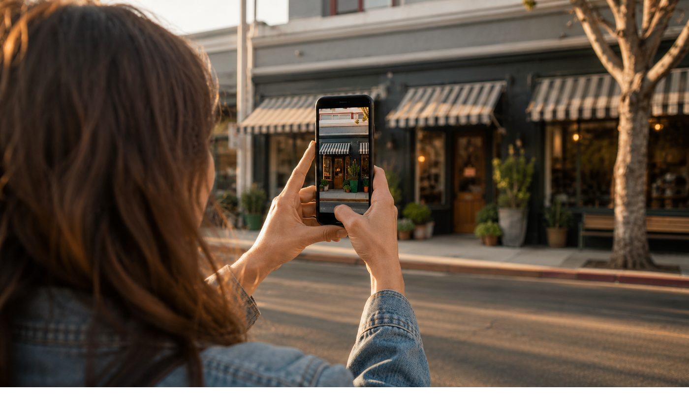 Someone framing a storefront on their phone at golden hour