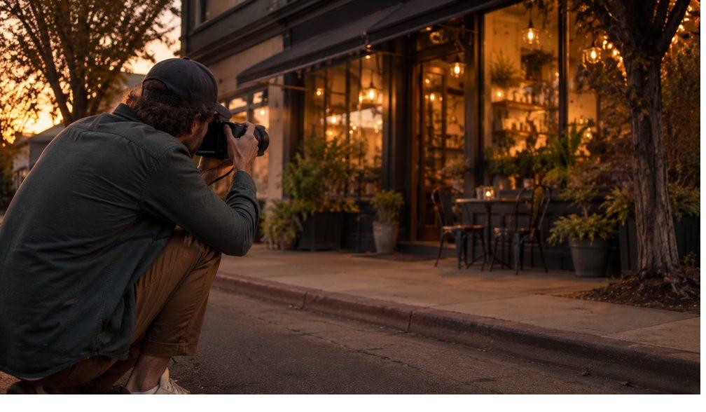 A photographer capturing a storefront at golden hour